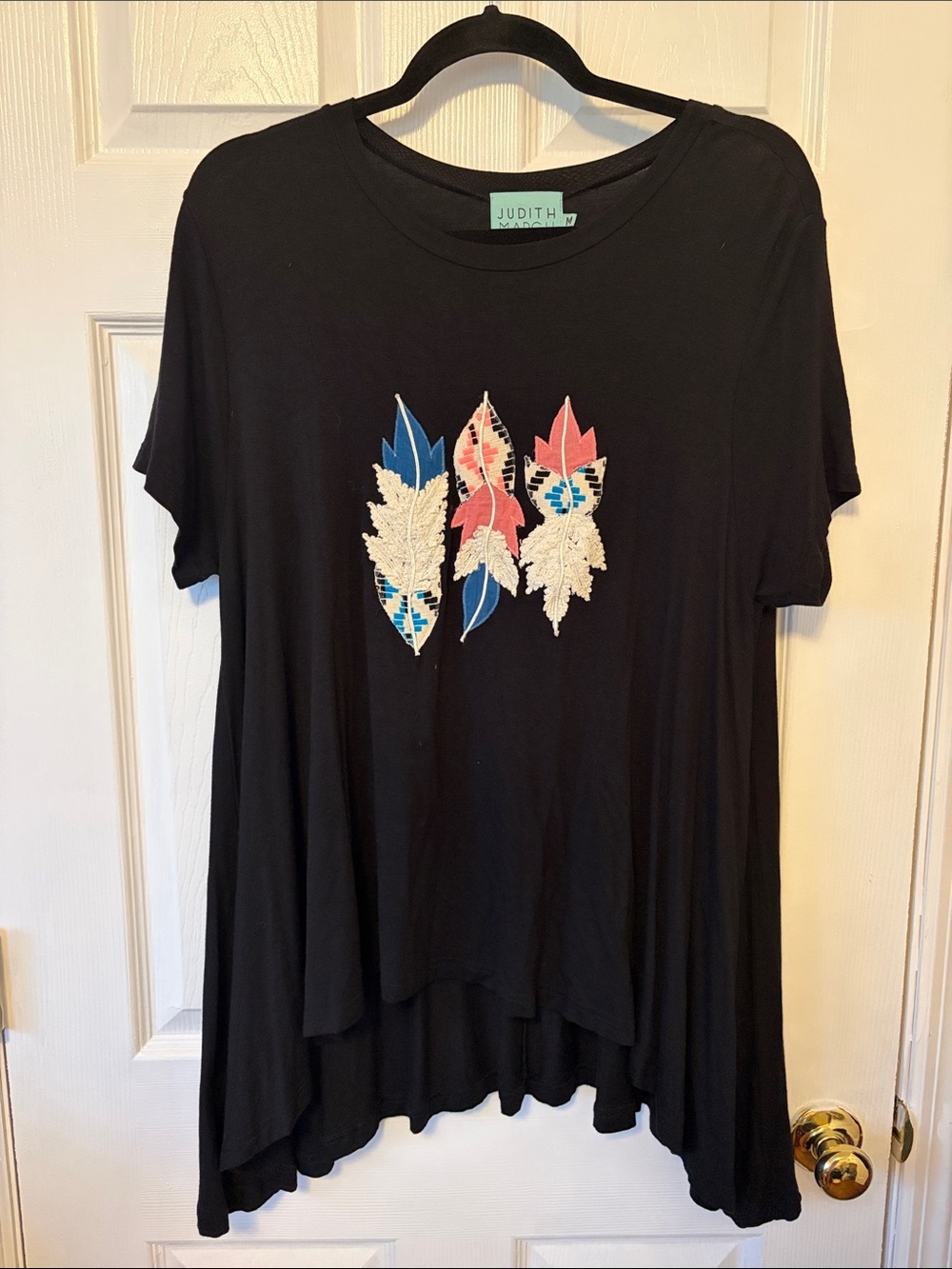 Judith March Black Short Sleeve Tee with Feather Appliqués
